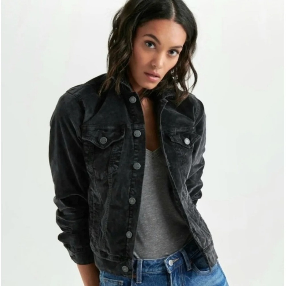 Lucky Brand Black Velvet Trucker Jacket Plus Size 1X 7Q13272